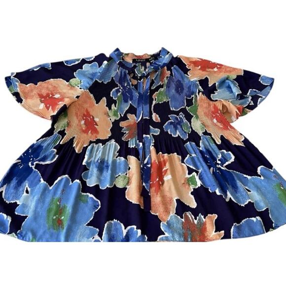 Ralph Lauren Floral Pleated Crinkle Georgette Top 3X Flutter Sleeve V-Neck Flowy - Picture 8 of 11